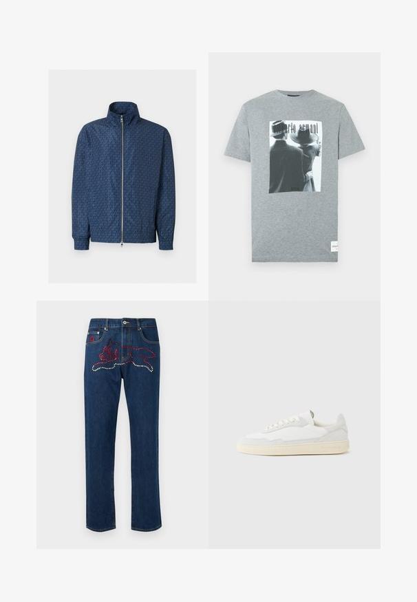 Veste zippée bleu marine avec motif répétitif du logo "MK" sur l'ensemble, col montant, poignets élastiques et double fermeture éclair argentée à l'avant.; T-shirt en coton gris présentant un motif graphique en noir et blanc de deux personnes, avec le texte « emporio armani » en police stylisée.; Jean en denim bleu avec un design orné de strass rouges et argentés représentant un chien sur la poche arrière. Coupe droite.; Baskets blanches avec dessus en daim et cuir texturé. Caractérisées par un bout arrondi, une fermeture à lacets et une semelle en caoutchouc beige contrastante.