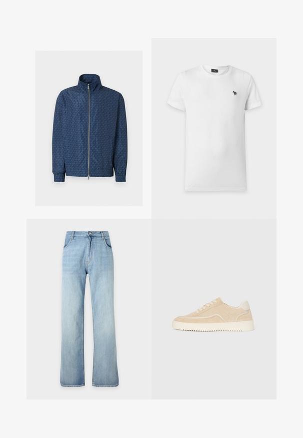 Veste zippée bleu marine avec motif répétitif du logo "MK" sur l'ensemble, col montant, poignets élastiques et double fermeture éclair argentée à l'avant.; T-shirt blanc uni à manches courtes et col rond avec un petit logo zèbre rayé noir et blanc sur la poitrine gauche.; Jean denim bleu clair à coupe droite avec fermeture avant à boutons et zip, poches avant et passants de ceinture, présenté sur un fond uni.; Baskets en daim beige avec semelle et lacets blancs, design basse, et motif de semelle en zigzag.