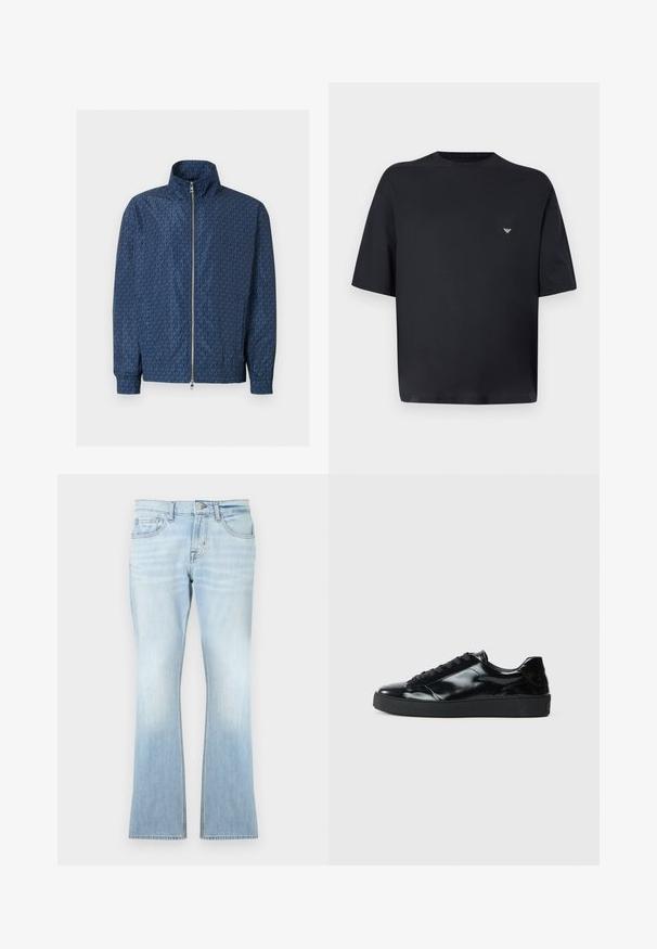 Veste zippée bleu marine avec motif répétitif du logo "MK" sur l'ensemble, col montant, poignets élastiques et double fermeture éclair argentée à l'avant.; T-shirt noir oversize à manches courtes avec petit logo blanc sur le côté gauche de la poitrine, présenté sur un fond gris clair.; Jean évasé bleu clair en denim. Comprend cinq poches, une fermeture à bouton et fermeture éclair, avec un effet délavé vers l'ourlet.; Baskets en cuir verni noir avec un bout arrondi, un laçage, une semelle en caoutchouc texturé et une finition lisse.