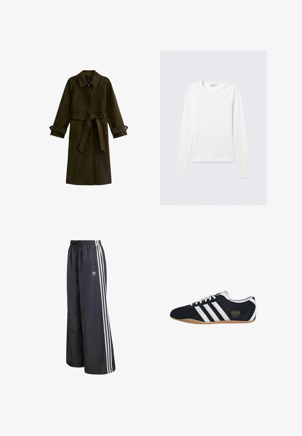 Long manteau vert olive en matériau doux, doté d'une taille ceinturée, de poignets boutonnés et de deux poches latérales. Design de col classique.; T-shirt blanc uni à manches longues avec col rond et coupe slim, présenté sur un fond gris clair.; Pantalon de sport noir en matière légère, avec trois bandes blanches verticales et une taille élastique munie d'un cordon de serrage.; Sneakers en suede noir avec trois bandes blanches, logo doré et semelle en caoutchouc marron. Présente un design à lacets à profil bas.