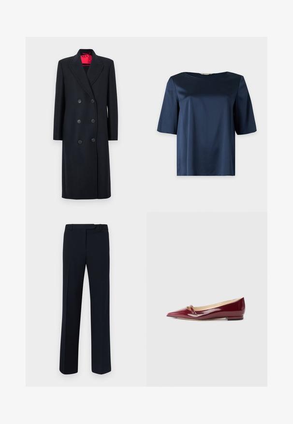 Manteau noir croisé en tissu texturé, avec de grands boutons noirs, un col à revers et une doublure intérieure rouge vif.; Blouse courte en satin bleu marine avec un col rond et une coupe ample, présentée sur un fond uni.; Pantalons ajustés navy en tissu lisse, avec une coupe droite, des passants de ceinture et des détails de pince à l'avant.; Ballerines en cuir verni bordeaux avec un bout pointu, présentant un petit détail découpé et un petit talon. Texture lisse et design épuré.