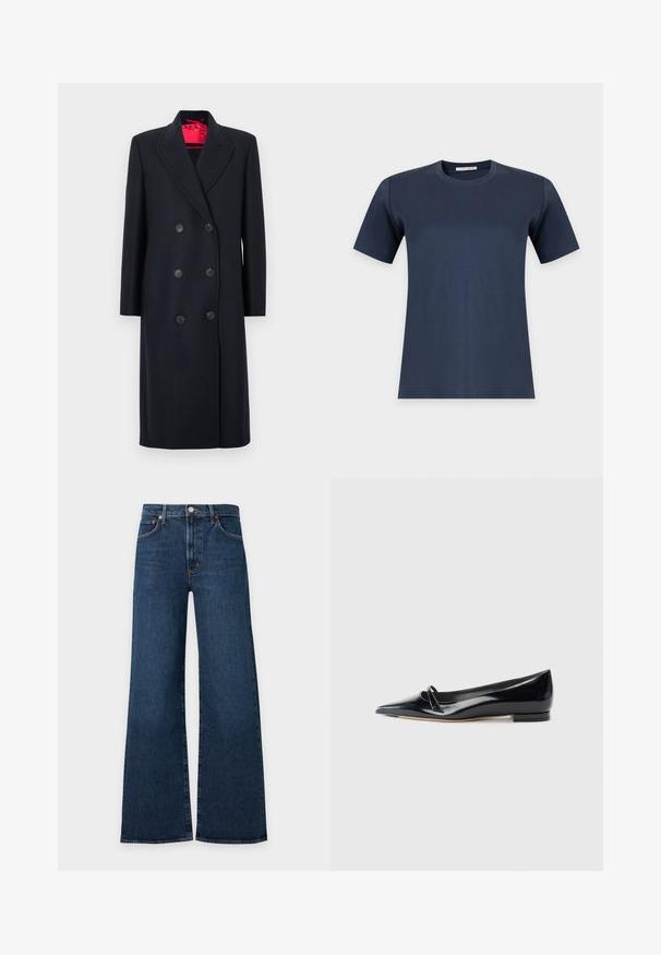 Manteau noir croisé en tissu texturé, avec de grands boutons noirs, un col à revers et une doublure intérieure rouge vif.; T-shirt bleu marine uni à manches courtes et col rond, présenté sur fond blanc.; Jean en denim bleu foncé à jambes larges avec bouton à l'avant, fermeture éclair et design à cinq poches sur fond gris clair.; Chaussure plate en cuir verni noir avec un bout pointu, une petite lanière décorative et un petit talon carré. Texture lisse et design épuré.