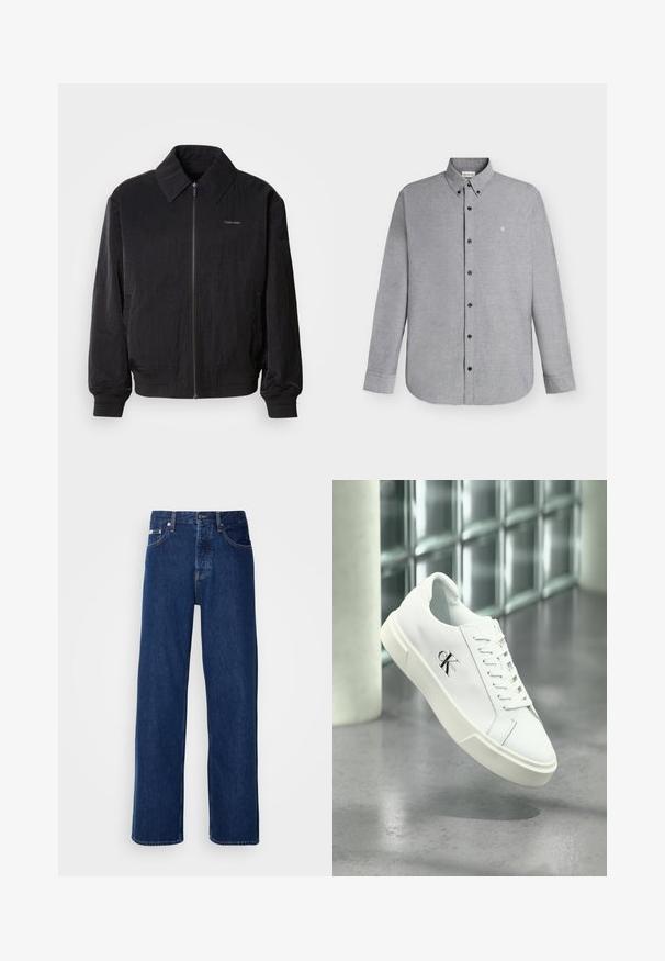 Veste bomber noire zippée en tissu texturé, avec un grand col, des poignets élastiques et une taille élastique. Présente un petit logo sur la poitrine.; Chemise gris clair à manches longues avec boutons, col boutonné et petit logo "cK" brodé sur la poitrine gauche.; Jean en denim bleu foncé avec un design à jambes larges, doté d'une fermeture à bouton et d'un style à cinq poches classique. Le tissu a une texture lisse.; Baskets blanches Calvin Klein avec lacets, présentées en suspension au-dessus d'un sol en béton poli et d'un mur en blocs de verre en arrière-plan.