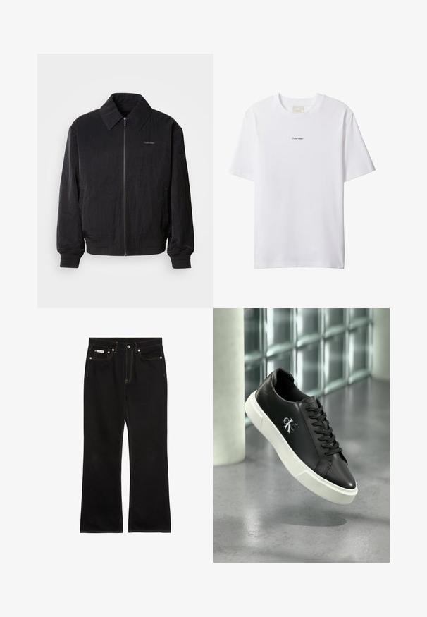 Veste bomber noire zippée en tissu texturé, avec un grand col, des poignets élastiques et une taille élastique. Présente un petit logo sur la poitrine.; T-shirt blanc en coton avec un col rond et des manches courtes. Présente un petit logo noir "Calvin Klein" centré sur la poitrine.; Jean noir droit avec coutures orange, cinq poches, fermeture par bouton, et une petite étiquette Calvin Klein sur la poche avant droite.; Baskets en cuir noir avec semelle en caoutchouc blanche et logo "CK Calvin Klein" sur le côté, présentées devant un fond en verre carrelé.