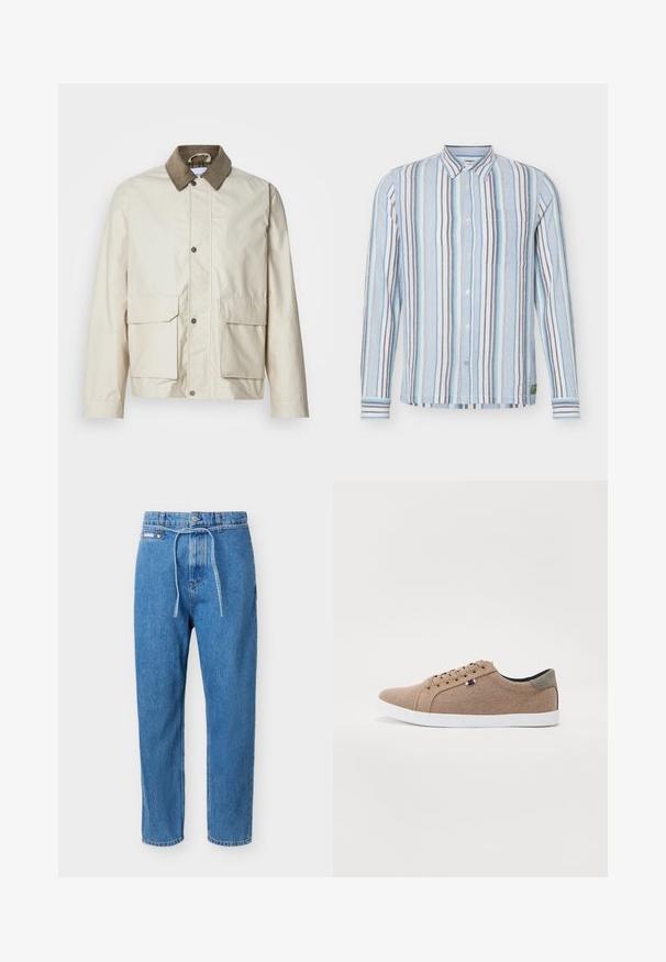 Veste beige clair avec un col en velours côtelé marron, deux poches avant, fermeture à snaps et une texture lisse. Design décontracté adapté au superposition.; Chemise à manches longues avec boutons, à rayures verticales bleues, blanches, grises et turquoise clair, avec un col et une poche poitrine.; Jean en denim bleu avec une coupe droite, taille haute, bouton à l'avant, fermeture éclair, et une fine ceinture en denim nouée à la taille.; Baskets en toile beige avec un design basse, semelle en caoutchouc blanc et lacets ronds. Présente un accent de talon gris contrastant et un détail de logo.