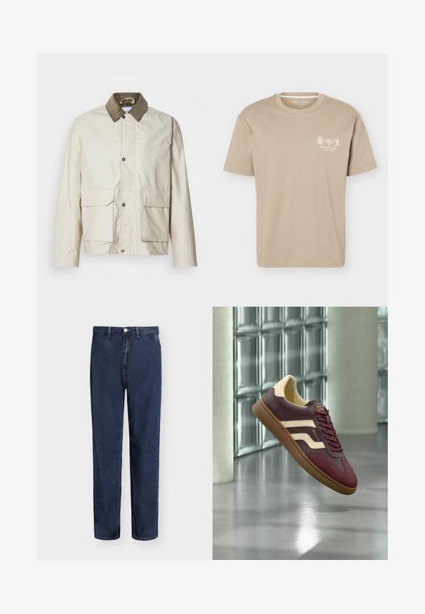 Veste beige clair avec un col en velours côtelé marron, deux poches avant, fermeture à snaps et une texture lisse. Design décontracté adapté au superposition.; T-shirt beige à manches courtes avec col rond, présentant de petits motifs d'insectes et le logo "Marc O'Polo" sur la poitrine gauche.; Jean droit en denim bleu foncé avec passants de ceinture, bouton devant et fermeture éclair, présenté sur un fond uni clair.; Baskets bordeaux et beige avec semelle en gomme et lacets, flottant au-dessus d’un sol en béton poli près d’un mur en blocs de verre.