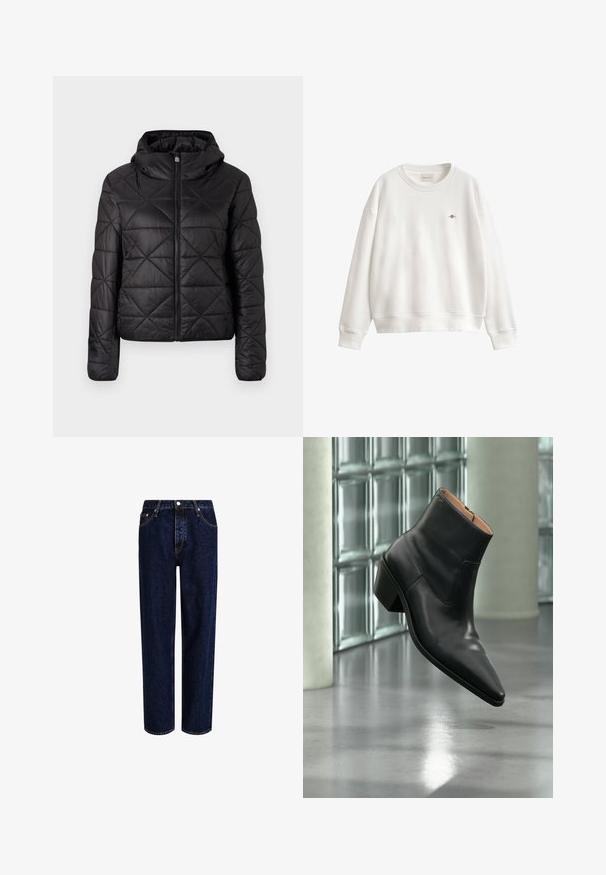 Veste matelassée noire avec capuche, dotée d'une fermeture éclair frontale et d'une texture douce et lisse. Motif en diamant sur le tissu.; Sweat-shirt blanc à manches longues avec col rond, poignets et ourlet côtelés, petit logo brodé sur la poitrine gauche et étiquette GANT à l'intérieur du col.; Jeans en denim bleu foncé avec une coupe droite, dotés d'une taille haute, d'un style à cinq poches et de coutures contrastantes. Sans embellissements.; Bottine en cuir noir avec un bout pointu et un talon carré lévitant au-dessus d'un sol gris réfléchissant près d'un mur en blocs de verre.
