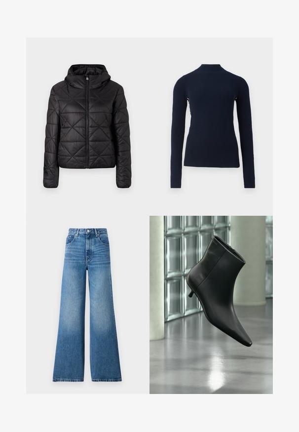 Veste matelassée noire avec capuche, dotée d'une fermeture éclair frontale et d'une texture douce et lisse. Motif en diamant sur le tissu.; Pull-over en maille côtelée bleu marine à manches longues avec un col montant et une silhouette ajustée, présenté sur un fond blanc uni.; Jean en denim bleu taille haute avec une coupe large, présentant un léger délavage, un design classique à cinq poches et une fermeture à bouton en métal.; Bottine en cuir noir à bout pointu et petit talon kitten, présentée en angle devant un sol poli et un mur en blocs de verre.