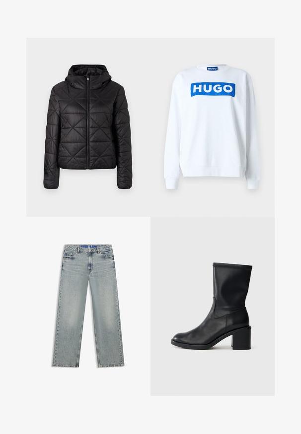 Veste matelassée noire avec capuche, dotée d'une fermeture éclair frontale et d'une texture douce et lisse. Motif en diamant sur le tissu.; Sweatshirt blanc en mélange de coton avec un logo "HUGO" bleu sur le devant, encolure ras du cou et finitions côtelées aux poignets et à l'ourlet.; Jean large bleu clair en denim, avec des zones délavées, cinq poches et une ceinture bleue à logo.; Botte en cuir noir à cheville avec un bout rond, texture lisse et un talon épais, présentant un tige ajustée et un subtil détail de couture.