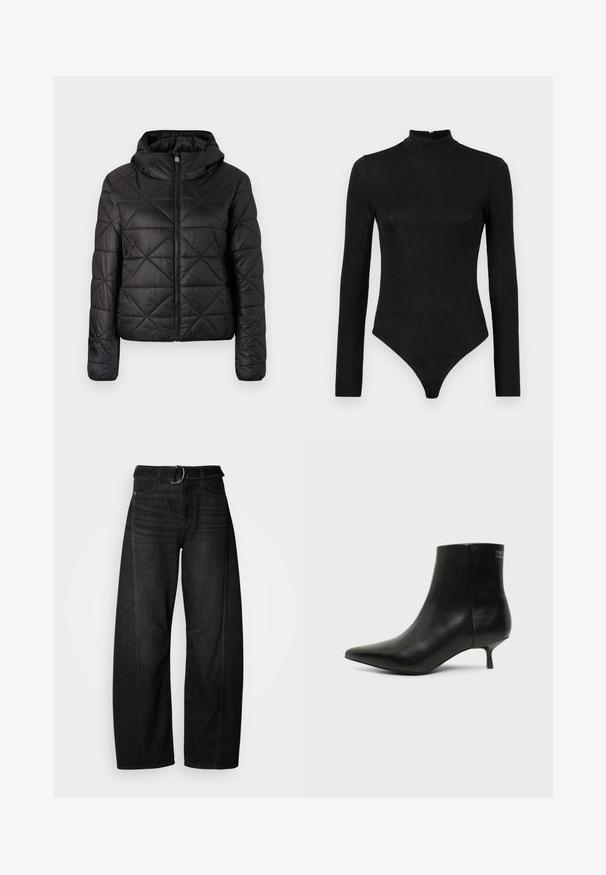 Veste matelassée noire avec capuche, dotée d'une fermeture éclair frontale et d'une texture douce et lisse. Motif en diamant sur le tissu.; Body noir à manches longues avec un col montant et une texture subtile. Comprend une fermeture éclair au dos et un design de bas en thong.; Jean noir à jambes larges en denim, avec une taille ceinturée et des détails de poches décontractés. Présente une finition brute à l'ourlet et des coutures minimales.; Bottine en cuir noir avec bout pointu et petit talon kitten sur fond clair, vue côté extérieur.