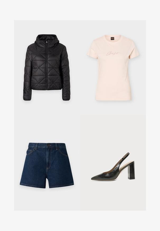 Veste matelassée noire avec capuche, dotée d'une fermeture éclair frontale et d'une texture douce et lisse. Motif en diamant sur le tissu.; T-shirt pour femme beige clair à manches courtes avec col rond et inscription "Boss" en petit script pointillé sur la poitrine.; Shorts en denim bleu foncé. Ils présentent une coupe classique avec une ceinture, des poches avant et des coutures visibles. Texture lisse, design minimaliste.; Chaussure slingback en cuir noir à bout pointu avec un talon bloc haut et une doublure intérieure beige sur un fond clair uni.