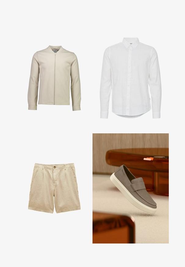 Beige zip-up jakke lavet af blødt stof, med stående krave, lange ærmer og sidelommer med en glat tekstur.; Hvid langærmet skjorte med knapper lavet af hør. Har en klassisk krave og forreste knaplukning; ensfarvet tekstur uden mønstre eller accenter.; Beige bomuldsshorts med knapper foran, lynlås, bæltestropper og sidelommer, designet til afslappet brug.; Grå ruskind slip-on sko med hvid sål svævende over beige tæppe, med gennemsigtigt orange møbel i baggrunden.