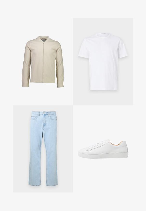 Beige zip-up jakke lavet af blødt stof, med stående krave, lange ærmer og sidelommer med en glat tekstur.; Hvid bomulds t-shirt med rund halsudskæring og korte ærmer. Glat tekstur, lige snit og minimalistisk design uden mønstre eller accenter.; Lysblå denimjeans med lige ben, der har forlommer, en enkelt sølvknap og stikninger langs sømmene.; Hvide lædersneakers med en glat overflade, afrundet tå, flad snørebåndsdesign og en tyk gummisål med et struktureret grebmønster.