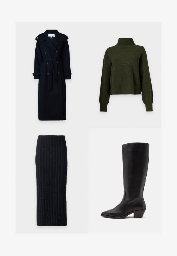 VILA VISOFIE HEAVY MAXI - Trenchcoat - navy; Olivengrøn, cropped sweater med høj hals og lange, løse ærmer. Fremstillet af blødt materiale med en let fuzzy tekstur.; Sort midiskirt med en tekstureret, ribbet design med lodrette linjer. Lavet af et strækbart stof, har den en tætsiddende silhuet og en glat overflade.; Sort læderstøvle til midtkalv med spids tå og lavt skråt hæl på en enkel lys baggrund.