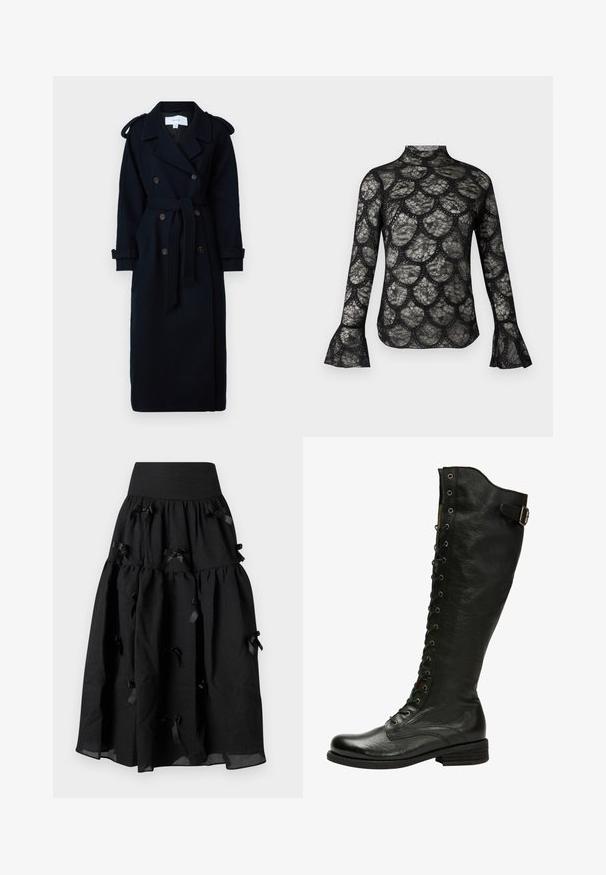 VILA VISOFIE HEAVY MAXI - Trenchcoat - navy; Sort blonde top med høj krave og flagrende lange ærmer, med et bølget mønster gennem hele stoffet.; Sister Jane BIRDIE BOW MIDI SKIRT - A-snit nederdel - black; Sorte læder knæhøje støvler med snørebånd foran, sølvøjer og sidebælte. Har en tekstureret overflade og stablet hæl.