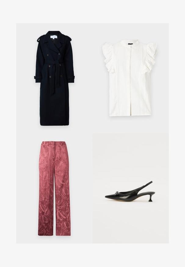 VILA VISOFIE HEAVY MAXI - Trenchcoat - navy; Hvid kortærmet bluse med flæseaccent, knaplukning foran og subtile lodrette striber. Lavet af letvægtsstof.; Bukser med vidde i afdæmpet rosa med subtilt blomsterjacquardmønster og lukkes med lynlås foran.; Sort læder slingback-sko med spidse tå og lille blokhæl. Har en dekorativ sløjfedetalje på forfoden. Glat tekstur hele vejen igennem.