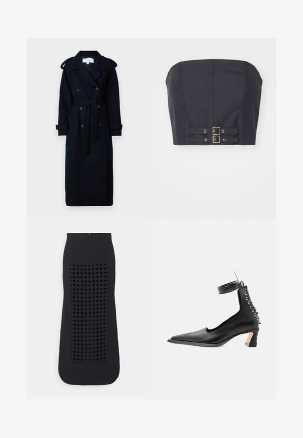 VILA VISOFIE HEAVY MAXI - Trenchcoat - navy; Sort cropped top uden stropper med struktureret bodice, der har syninge og dobbelte metalspænder foran til lukning.; A.W.A.K.E. MODE SKIRT WITH FRAME INSERT - Maxinederdele - black; Sort lavhælet lædersko med spids tå, snøredetalje bagpå og ankelrem mod en ensartet hvid baggrund.
