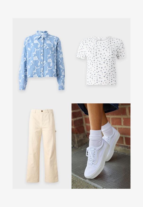 Blaues Jeanshemd mit weißer Blumenstickerei, Kragen, langen Ärmeln und Brusttasche. Mit silbernen Knöpfen entlang der Mitte.; Weißes Kurzarm-T-Shirt mit gerippter Textur und einem floralen Muster in Blau und Grün. Rundhalsausschnitt und lockere Passform.; Beige weite Hose aus Baumwolle mit Knopfverschluss, seitlichen Taschen und einem klaren, minimalistischen Design.; Weiße Leinensneaker mit Gummisohlen, ausgestattet mit sechs Ösen, runder Zehenpartie und dezenten Nähten, kombiniert mit weißen Knöchelsocken.