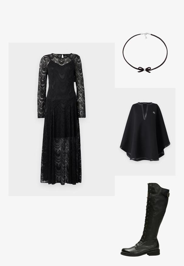 Schwarzer Poncho aus weichem Stoff, mit einem tiefen V-Ausschnitt und Besatz aus Kunstleder sowie einem gestickten Logo. Glatte, strukturierte Oberfläche.; Copenhagen Muse Maxikleid - black; Schwarze Leder-Knöchelstiefel mit Schnürung vorne, silbernen Ösen und seitlichem Schnallenverschluss. Verfügt über eine strukturierte Oberfläche und einen gestapelten Absatz.; Schwarzer Wildleder-Choker mit einer kleinen zentralen Silberperle und einem Schleifendetail, ausgestattet mit einem einfachen Verschluss und einer verstellbaren Kette.
