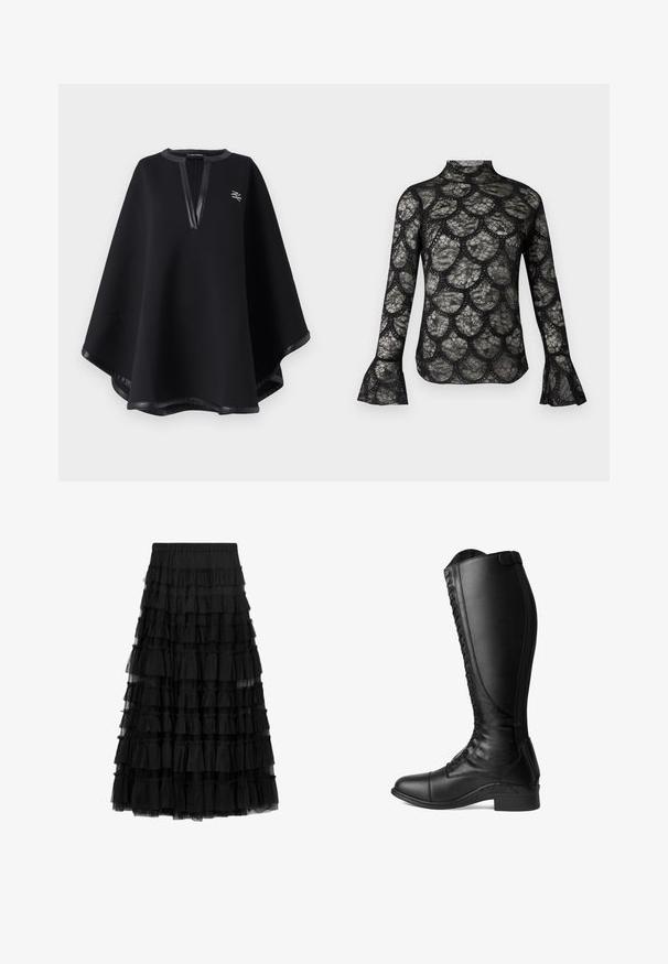 Poncho negro hecho de una tela suave, con un escote en V profundo y ribete de cuero sintético, además de un logo bordado. Acabado liso y texturizado.; Top de encaje negro con cuello alto y mangas largas acampanadas, con un patrón de borde festoneado en toda la tela.; Falda negra de capas hecha de tul con múltiples volantes y una cintura elástica, que presenta una textura translúcida y un diseño hasta la rodilla.; Botas de montar de cuero negro con un caña alta, cordones en la parte delantera, puntera redondeada y tacón bajo. Textura suave y diseño elegante.
