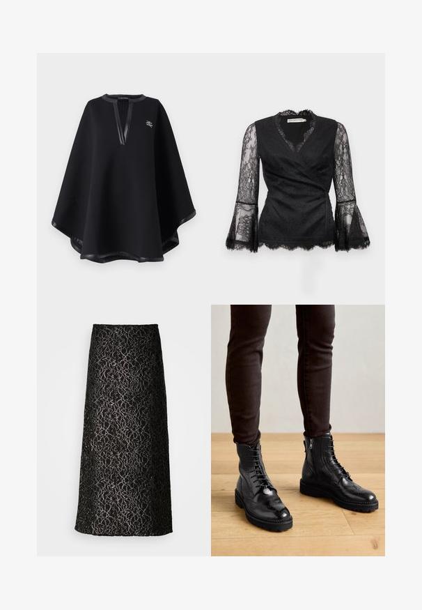Zwarte poncho van zachte stof, met een diepe V-halslijn en nep leren afwerking, voorzien van een geborduurd logo. Gladde, gestructureerde afwerking.; Zwarte kanten wikkelblouse met V-hals, uitlopende doorschijnende kanten mouwen en geschulpte randen, met ingewikkelde bloemmotieven in kant.; Zwarte kanten maxi rok met een bloemenpatroon en een gestructureerd ontwerp, met een rechte silhouet en een gladde binnenvoering.; Zwarte leren enkellaarsjes met brogue-details, een vetersluiting aan de voorkant, ritsen aan de zijkant en gestructureerde rubberen zolen. Gecombineerd met donkere slim-fit broek.