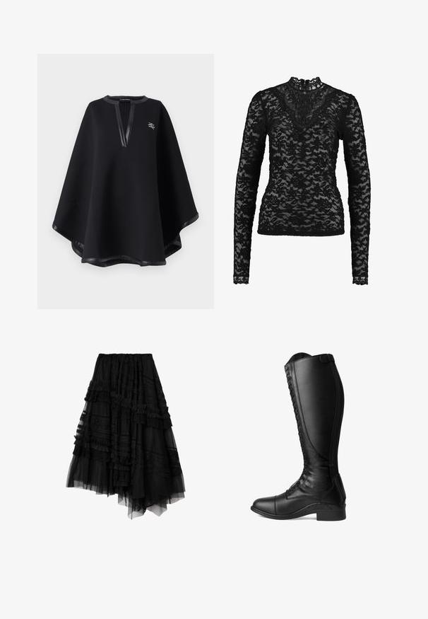 Zwarte poncho van zachte stof, met een diepe V-halslijn en nep leren afwerking, voorzien van een geborduurd logo. Gladde, gestructureerde afwerking.; Zwarte kanten top met lange mouwen en hoge hals, voorzien van bloempatronen en een golvende onderrand. Doorzichtig materiaal voegt textuur en detail toe.; Zwarte asymmetrische gelaagde rok met kant- en ruchesdetails, gemaakt van doorschijnende en effen stoffen panelen.; Zwarte leren rijlaarzen met een hoge schacht, veter sluiting aan de voorkant, een ronde neus en een lage hak. Glad textuur en slank ontwerp.