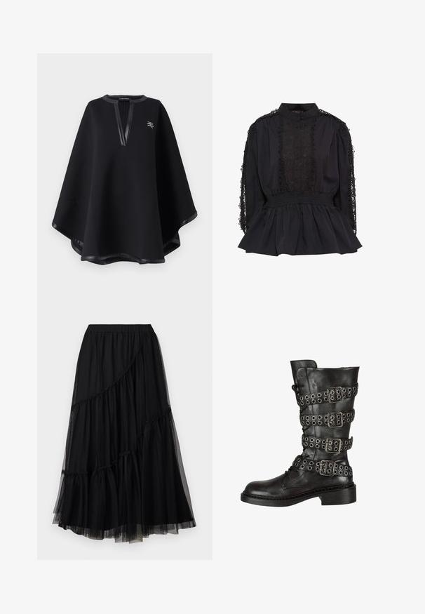Zwarte poncho van zachte stof, met een diepe V-halslijn en nep leren afwerking, voorzien van een geborduurd logo. Gladde, gestructureerde afwerking.; Zwarte blouse met hoge kraag, knoopsluiting aan de voorkant, kantdetails op de mouwen, gerimpelde taille en een uitlopende zoom. Zachte stof met textuuraccenten.; TWINSET SKIRT - A-lijn rok - nero; Zwarte leren kniehoge laars met meerdere zilveren gespen en ogen, met een ronde neus en een lage blokhak. Gelaagde afwerking.