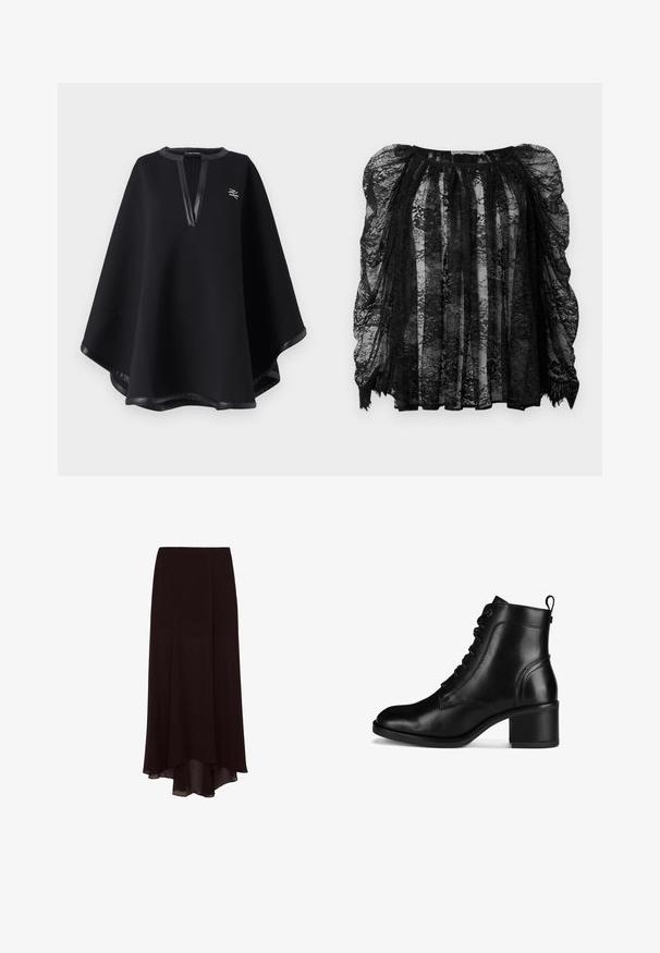 Zwarte poncho van zachte stof, met een diepe V-halslijn en nep leren afwerking, voorzien van een geborduurd logo. Gladde, gestructureerde afwerking.; Zwarte kantblouse met doorschijnende stof, met poffende mouwen, geplooid ontwerp en gegolfde zoom. Ingewikkelde bloemenpatronen door het geheel.; Zwarte asymmetrische midirok met hoge taille, een vloeiende, gelaagde zoom en een gladde, effen stofstructuur.; Zwarte leren enkellaars met een ronde neus, veterontwerp en een middelhoge blokhak. Voorzien van een trekstrip aan de achterkant voor gemakkelijke aantrekking.