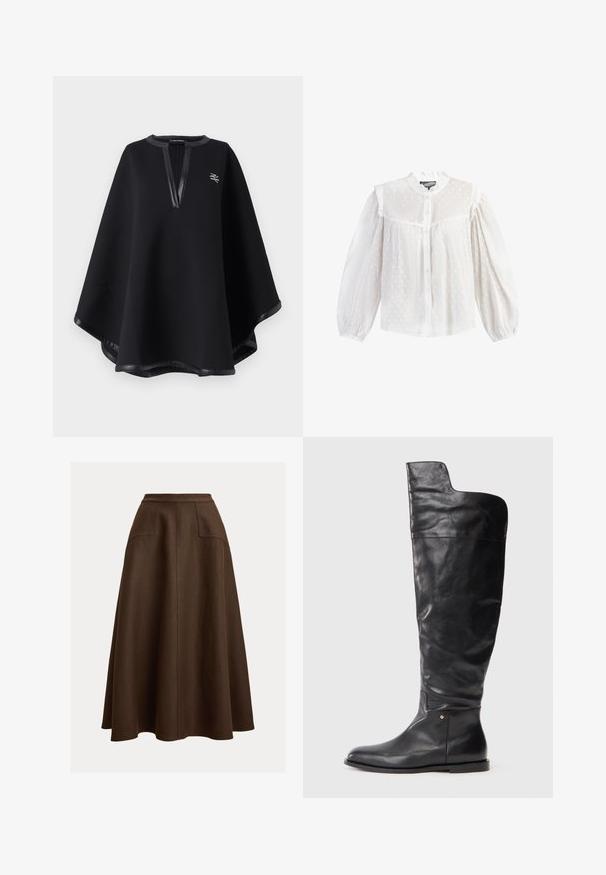 Zwarte poncho van zachte stof, met een diepe V-halslijn en nep leren afwerking, voorzien van een geborduurd logo. Gladde, gestructureerde afwerking.; Witte semi-transparante blouse met lange pofmouwen, geplooide hoge kraag, knopen aan de voorkant en een getextureerd stippenpatroon op lichte stof.; Bruine linnen rok in A-lijn met een hoge taille, voorzien van twee voorzakken en een gladde textuur, vallend onder de knie.; Zwarte leren kniehoge laars met platte zool en een iets bredere bovenkant met een asymmetrische snit aan de buitenkant.