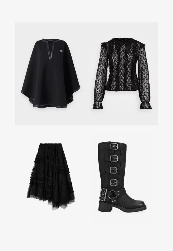 Poncho negro hecho de una tela suave, con un escote en V profundo y ribete de cuero sintético, además de un logo bordado. Acabado liso y texturizado.; Top de encaje negro de manga larga con un diseño ajustado, detalles con volantes en los hombros y puños, y un patrón floral texturizado en toda la prenda.; Falda negra asimétrica en capas con detalles de encaje y volantes, confeccionada con paneles de tela transparentes y opacos.; Bota negra hasta la mitad de la pantorrilla con cuatro hebillas plateadas en la caña, dos hebillas cerca del tobillo y un tacón bajo y cuadrado.