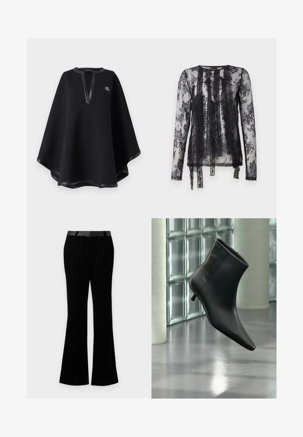 Poncho negro hecho de una tela suave, con un escote en V profundo y ribete de cuero sintético, además de un logo bordado. Acabado liso y texturizado.; Top negro transparente de manga larga con intrincados patrones de encaje floral, cuello redondo y flecos fluidos en la parte delantera.; Pantalones acampanados negros de tela suave. Presentan una cinturilla plana con un acabado brillante. Diseño ajustado con dos bolsillos frontales.; Botín negro de cuero con punta puntiaguda y tacón bajo estilo kitten, mostrado en ángulo sobre un suelo pulido y con una pared de bloques de vidrio de fondo.