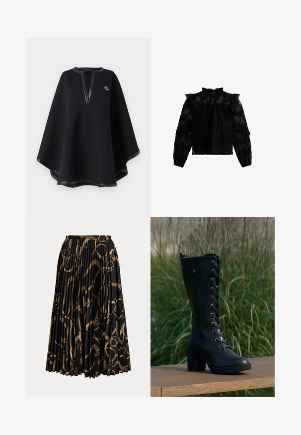 Zwarte poncho van zachte stof, met een diepe V-halslijn en nep leren afwerking, voorzien van een geborduurd logo. Gladde, gestructureerde afwerking.; Zwarte kanten blouse met een gerimpelde kraag en mouwen, elastische manchetten en een striksluiting bij de nek. Semi-doorzichtige stof met bloemmotief.; Zwarte geplooide rok met bruine paardenbit- en riemprint, midi-lengte en aangesloten tailleband.; Zwarte high-heeled combat boots met voorveters rustend op een houten oppervlak, hoge gras vervaagd op de achtergrond.