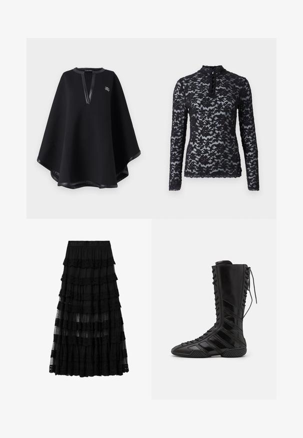 Musta poncho pehmest kangast, millel on sügav V-kujuline kaelus kunstnahast ääre ja jõulise logoga. Sile, tekstureeritud viimistlus.; Rosemunde Pikkade varrukatega topp - black; Mustast kihilisest pitsist midi-seelik, millel on elastne vöökoht kaubamärgi nimega embosseeritud, läbipaistvate ja tihedalt kihiliste kangaste paneelidega.; Mustad musta kõrgema varrega saapad, mis on valmistatud läikivast sünteetilisest materjalist, omavad keerukat nöörimise disaini ja diagonaalseid triibu aktsente külgedel.