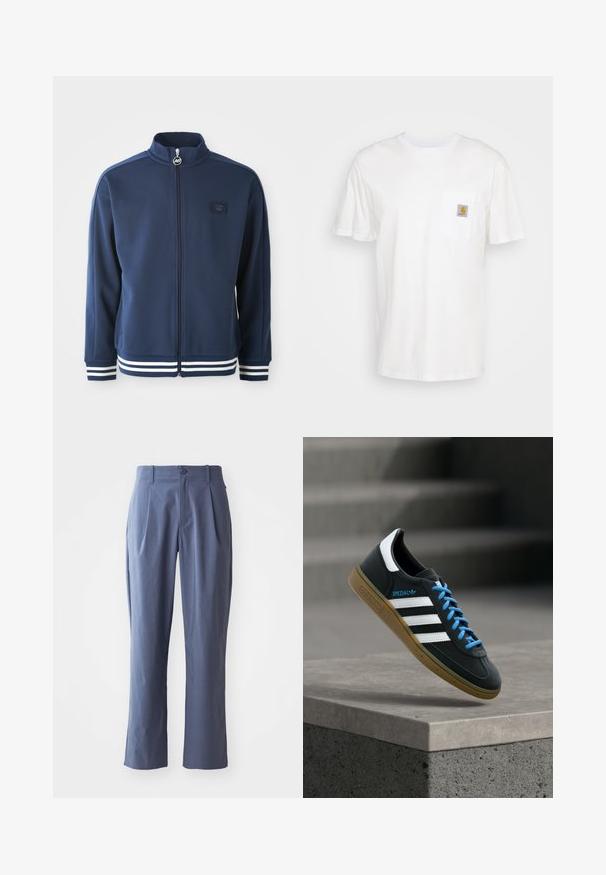 Marine blauwe trainingsjas met hoge kraag, volledige rits en logo aan de voorkant. Voorzien van witte streepaccenten op de manchetten en zoom, gemaakt van gladde stof.; Witte katoenen t-shirt met korte mouwen, een borstzak en een klein vierkant logo-opdruk in oranje en wit op de zak.; Marineblauwe broek met plooien, recht gesneden, gemaakt van lichtgewicht stof, met een enkele sluiting met knoop aan de voorkant en riemlussen.; Zwarte Adidas-sneaker met witte strepen, blauwe veters en een gumzool die boven een grijze betonnen trede zweeft in zacht licht.