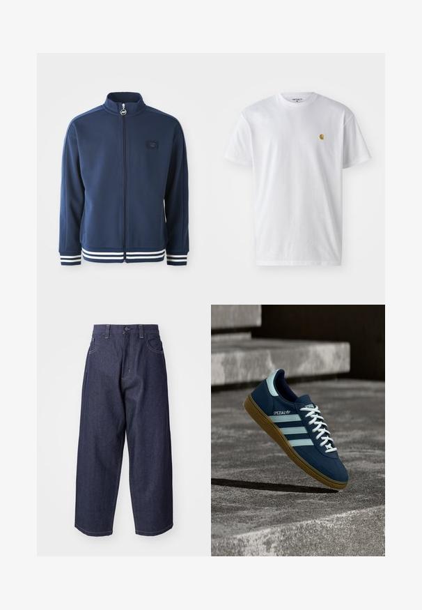 Chaqueta de chándal azul marino con cuello alto, cremallera completa y logotipo en la parte delantera. Cuenta con acentos de franjas blancas en los puños y el dobladillo, fabricada en tejido suave.; Camiseta de algodón blanca con mangas cortas, cuello redondo, que presenta un pequeño logo dorado en la parte izquierda del pecho. Textura suave y corte regular.; Jeans de mezclilla azul oscuro con un diseño suelto y de pierna ancha. Las características incluyen un cierre de botón, bolsillos frontales y acentos de costura visibles.; Zapatilla azul Adidas Spezial con rayas y cordones blancos, suela de goma, flotando sobre una superficie de hormigón rugosa y escaleras de fondo.