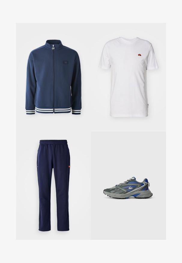 Marine blauwe trainingsjas met hoge kraag, volledige rits en logo aan de voorkant. Voorzien van witte streepaccenten op de manchetten en zoom, gemaakt van gladde stof.; Eenvoudig wit T-shirt met korte mouwen met een klein rood-oranje halve cirkel logo op het bovenste linkerborstgedeelte.; Marineblauwe sweatpants met een elastische tailleband, zijzakken en een klein logo-opdruk op de linkse zak. Gemaakt van een zachte, gladde stof.; Grijze en blauwe sport sneaker met een gestructureerde zool, vetersluiting en een klein krokodillenlogo aan de zijkant, geïsoleerd op een witte achtergrond.