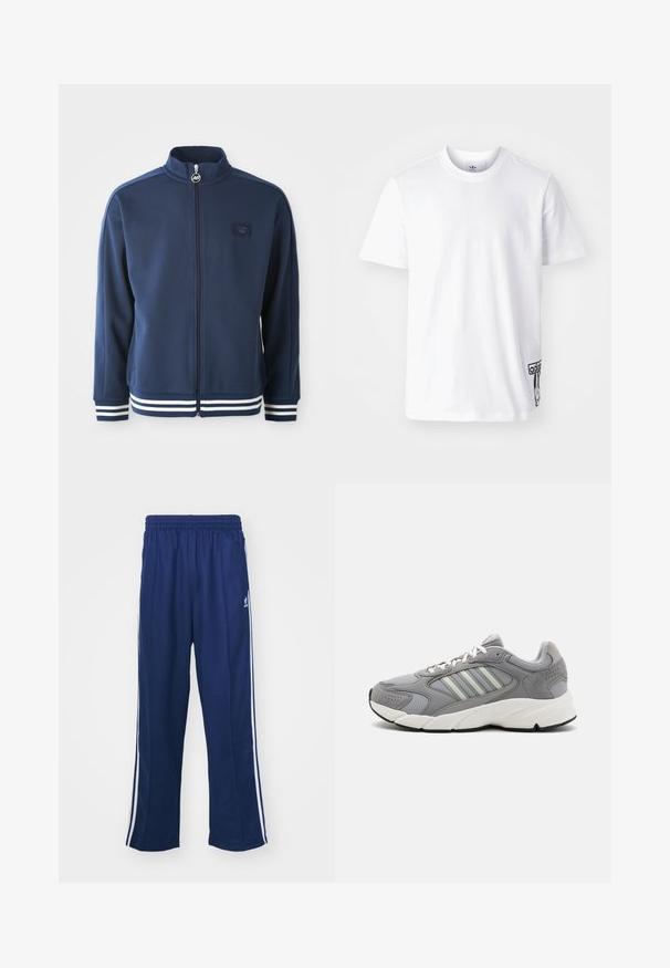 Marine blauwe trainingsjas met hoge kraag, volledige rits en logo aan de voorkant. Voorzien van witte streepaccenten op de manchetten en zoom, gemaakt van gladde stof.; Witte katoenen t-shirt met korte mouwen, ronde halslijn, en een zwart Adidas-logo label op de linker onderkant. Luxe textuur.; Marineblauwe sportbroek met een ontspannen pasvorm, voorzien van witte zijstrepen en een elastische tailleband. Soepele stof, geen zichtbare patronen of hardware.; Grijze sportieve schoen van mesh en suède materialen, met witte veters, een gevoerde kraag en een massieve witte tussenzool met gestructureerde accenten.