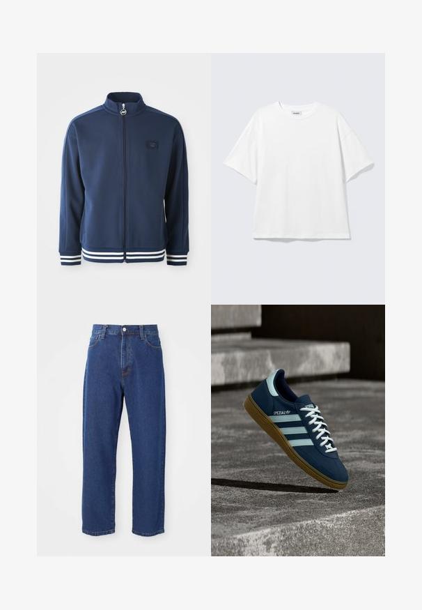 Marine blauwe trainingsjas met hoge kraag, volledige rits en logo aan de voorkant. Voorzien van witte streepaccenten op de manchetten en zoom, gemaakt van gladde stof.; Witte oversized T-shirt met korte mouwen, ronde hals en verlaagde schouders, plat op een lichtgrijze achtergrond.; Hoge taille blauwe jeans van denim, met een rechte pijp silhouet, zichtbare stiksels en een sluiting met een voorknoop.; Blauwe Adidas Spezial sneaker met witte strepen en veters, gumzool, zwevend boven een ruwe betonnen oppervlakte en trappen op de achtergrond.