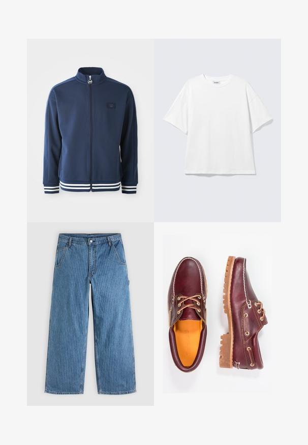 Marine blauwe trainingsjas met hoge kraag, volledige rits en logo aan de voorkant. Voorzien van witte streepaccenten op de manchetten en zoom, gemaakt van gladde stof.; Witte oversized T-shirt met korte mouwen, ronde hals en verlaagde schouders, plat op een lichtgrijze achtergrond.; Blauwe jeans met wijde pijpen en dunne witte verticale spijkerstreepjes, voorzakken, riemlussen en een knoopsluiting in de taille.; Bordeaux leren schoenen met bruine rubberen zolen, ronde neus, witte stiksels en gouden veterogen. Het interieur heeft een gele voering.