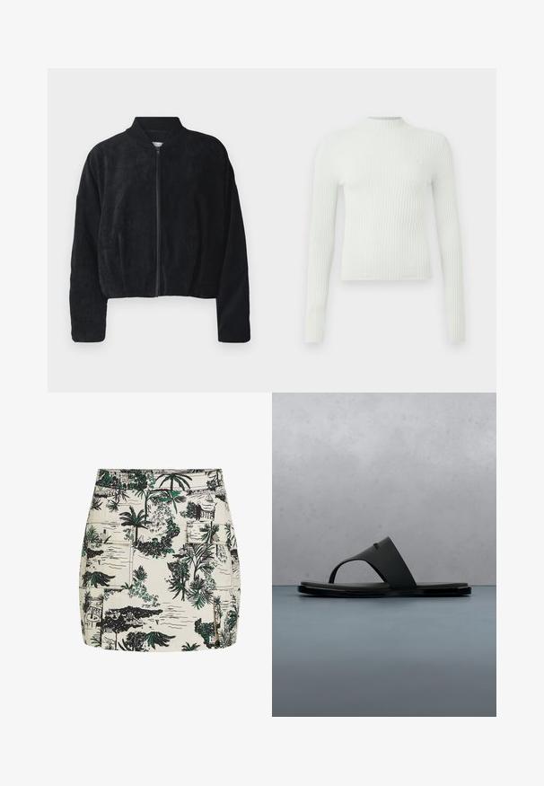 Schwarze Kordjacke im Bomber-Stil mit einem Frontreißverschluss, geripptem Kragen und weiten Ärmeln, die eine strukturierte Oberfläche und einen verkürzten Schnitt aufweist.; Hellgrünes, geripptes Langarmoberteil mit hohem Kragen und kleinem gesticktem Logo auf der Brust. Lässige Passform und strukturierter Stoff.; Weißer Rock mit einem detaillierten schwarzen und grünen tropischen Druck, der Palmen und malerische Landschaften zeigt. Mit zwei Vorderseitentaschen.; Schwarze Calvin Klein Zehensandale, die über Holzlatten mit kleinen Steinen im Freien schwebt, unscharfer Hintergrund mit Grünpflanzen und Betonwand.