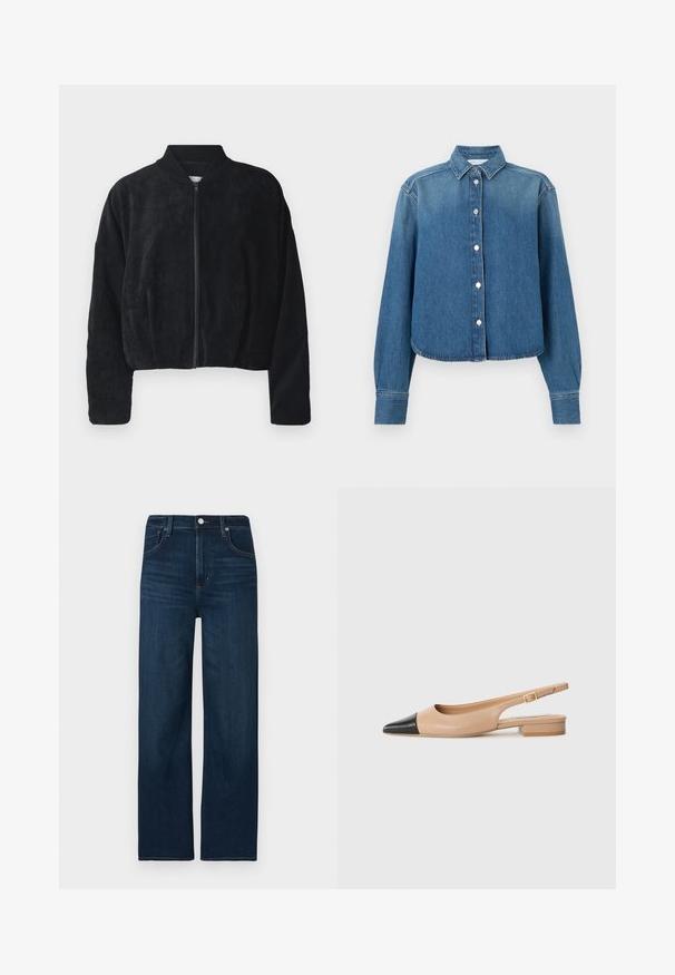 Zwarte corduroy bomberjack met een ritssluiting aan de voorkant, een geribbelde kraag en wijde mouwen, met een textuur oppervlak en een cropped ontwerp.; Blauw denimhemd met een kraag, lange mouwen en een knoopsluiting aan de voorkant. Heeft een cropped zoom en een subtiele textuur.; Donkerblauwe spijkerbroek met een rechte pijp, voorzien van een knoop- en ritssluiting, subtiele stiksel details en een vijfzakken ontwerp.; Beige leren slingback schoen met zwarte puntige neus, lage vierkante hak en decoratieve gesp op de enkelband. Zachte textuur.