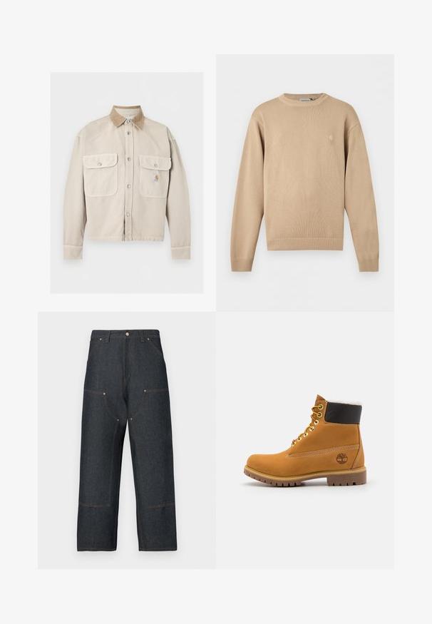 Beige jakke med knapper foran, med to forlommer med klap og en kontrastfuld lys brun kordfløjls krave, med et lille logo på højre lomme.; Beige langærmet striktrøje med ribkrave, manchetter og kant, med et lille diskret logo på venstre bryst.; Mørkeblå denimjeans med vid ben, der har kontrasterende orange syninger, forlommer og en klassisk knaplukning.; Brune læder ankelstøvle med metaløjer, hvid pelsforing, sort polstret krave, robust sål og præget logo på siden.