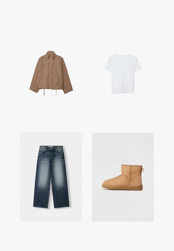 Veste matelassée beige avec col montant, fermeture à boutons-pression, poches latérales et cordons ajustables à l'ourlet.; T-shirt blanc à manches courtes en tissu doux. Dispose d'un col rond et d'un design simple et épuré avec un ourlet droit.; Jean en denim taille ample de couleur bleu foncé, avec un effet de décoloration. Design à cinq poches avec une fermeture à bouton et passants de ceinture.; Bottines en suède beige avec bout rond, détails cousus, tirant à l'arrière et semelle en caoutchouc texturé. Conçues pour le confort et la chaleur.