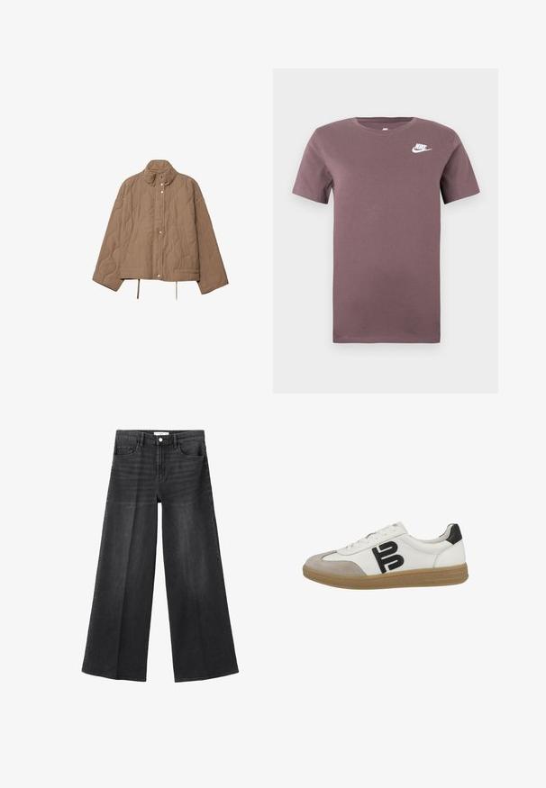 Veste matelassée beige avec col montant, fermeture à boutons-pression, poches latérales et cordons ajustables à l'ourlet.; T-shirt à col rond à manches courtes Nike violet avec le logo Nike blanc sur la poitrine gauche, sur un fond uni.; Jean en denim noir à jambes larges avec une taille haute, dotée de cinq poches, d'une fermeture par bouton, et de légères décolorations pour la texture.; Baskets blanches en cuir avec des accents en suède beige, un détail de logo noir et une semelle en caoutchouc caramel. Elles possèdent des lacets plats et un design bas.