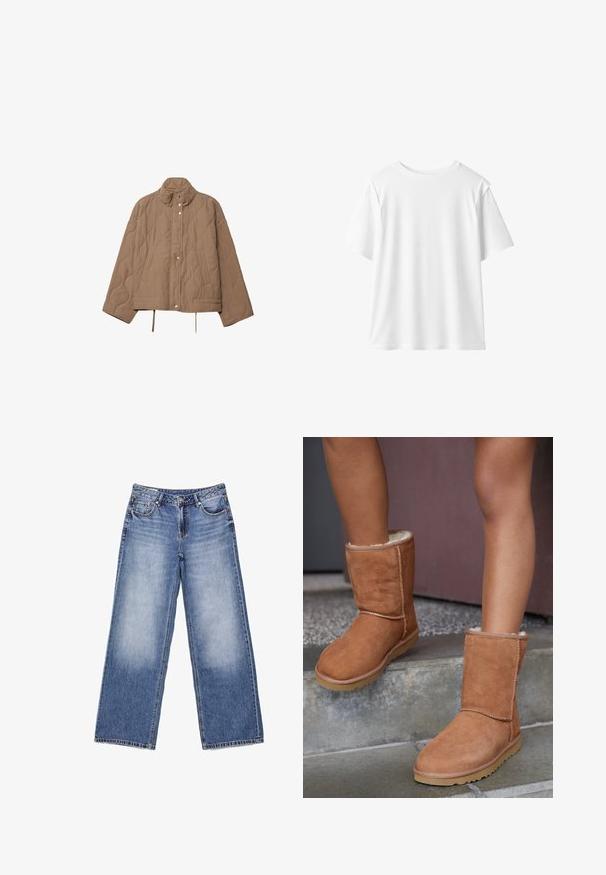 Veste matelassée beige avec col montant, fermeture à boutons-pression, poches latérales et cordons ajustables à l'ourlet.; T-shirt blanc uni à manches courtes et col rond avec une coupe décontractée, présenté sur un fond blanc.; Jeans en denim bleu clair à jambes larges avec poches avant, passants pour ceinture, fermeture par bouton et légère décoloration sur les cuisses avant.; Bottines en suede marron, à bout rond, avec une doublure douce et une semelle en caoutchouc, présentant des détails de couture visibles le long des coutures.