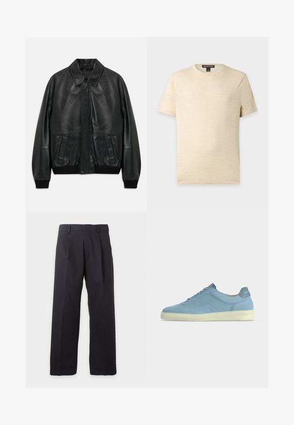 Sort lærjakke med frontlommer, ribbede manchetter og talje, der har en spidse krave og skjult frontlukning.; Enkel beige T-shirt med korte ærmer og rund hals med Michael Kors label inde i kraven, vist mod en lysegrå baggrund.; Sorte bukser med lige ben, bæltestropper og forreste læg på en ens hvid baggrund.; Lyseblå ruskind lavtop sneaker med cremefarvet sål, matchende blå snørebånd og mærket bagtunge på en ensartet lys baggrund.