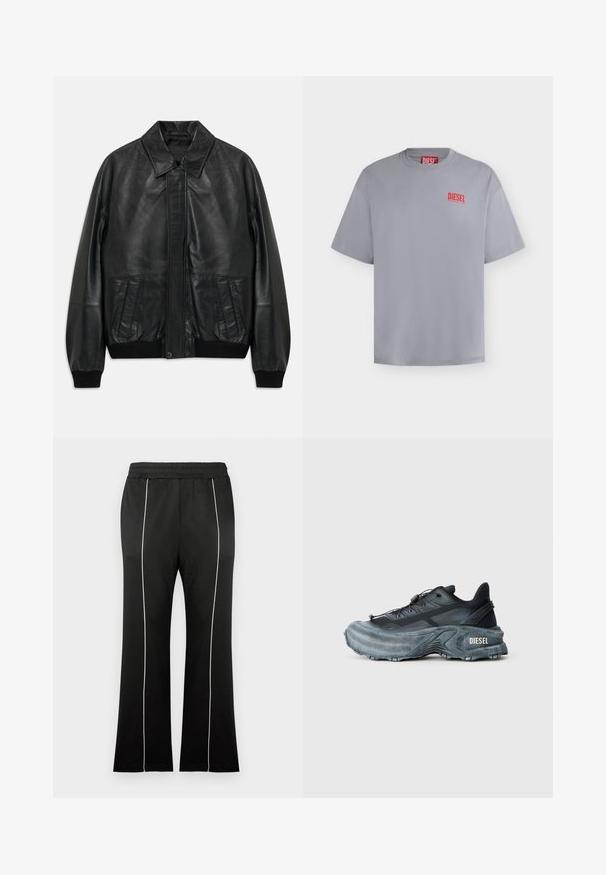 Sort lærjakke med frontlommer, ribbede manchetter og talje, der har en spidse krave og skjult frontlukning.; Lysegrå T-shirt med korte ærmer fra Diesel med et lille rødt Diesel-logo på venstre bryst og en rød label inde i kraven.; Sorte atletikbukser med en tætsiddende talje, der har hvide sidelister og et flare-ben-design. Fremstillet af blødt, strækbart stof.; Sort og grå Diesel sneakers med tyk sål, snørrebåndslukning og tekstureret design på en ensfarvet lysegrå baggrund.