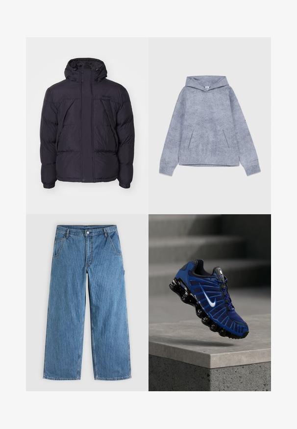 Sort puffersjakke med hætte, der har en let skinnende overflade, kviltet design og frontknapper. Timberland-logo på brystet.; Grå hættetrøje lavet af tekstureret stof. Har en frontlomme og manchetter ved ærmerne. Minimalistisk design uden synlige logoer.; Blå vidde jeans med tynde hvide lodrette nålestriber, forlommer, bæltestropper og knaplukning i taljen.; Blå og sort Nike løbesko med hvid swoosh-logo, svævende over en betonforkant med teksturerede trin i den slørede baggrund.