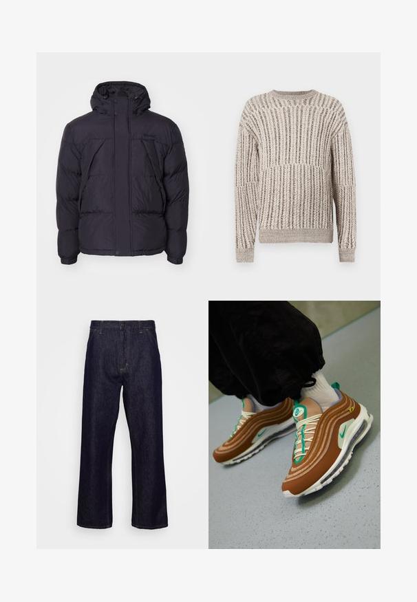 Sort puffersjakke med hætte, der har en let skinnende overflade, kviltet design og frontknapper. Timberland-logo på brystet.; Beige tekstureret sweater med vertikalt ribbet mønster, rund halsudskæring og lange ærmer. Blødt materiale med en lidt løs pasform.; Mørkeblå lige ben denim jeans med forlommer, bæltestropper, lynlås og knaplukning, præsenteret foran en simpel hvid baggrund.; Brune Nike Air Max 97 sneakers med lagdelt design, teal accenter, hvide snørebånd og en synlig air-enhed i sålen.