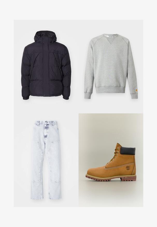 Sort puffersjakke med hætte, der har en let skinnende overflade, kviltet design og frontknapper. Timberland-logo på brystet.; Lysegrå crewneck sweatshir t med lange ærmer, ribbede manchetter og kant, samt lille logo patch på venstre ærmekant.; Lys blå denim straight-leg jeans med patchlommer, høj talje og en falmet overflade. Har tonede syninger og en afslappet pasform.; Brun læderankelstøvle med sort krave, gule snørebånd og tanfarvet sål. Har logo og hvide syninger som detalje. Robust ydersål med greb.